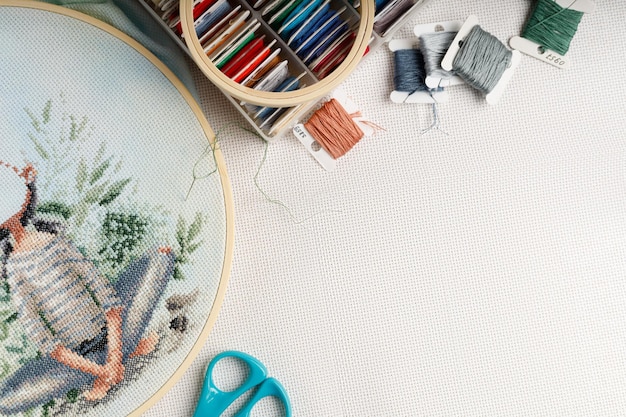 Workshop table with embroidery